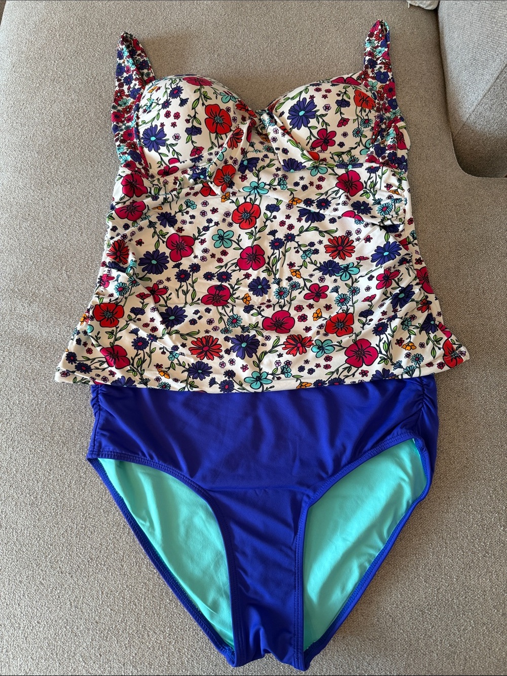 Liz Claiborne Cream Floral Tankini Top with Royal Blue & Aqua Bikini Bottoms